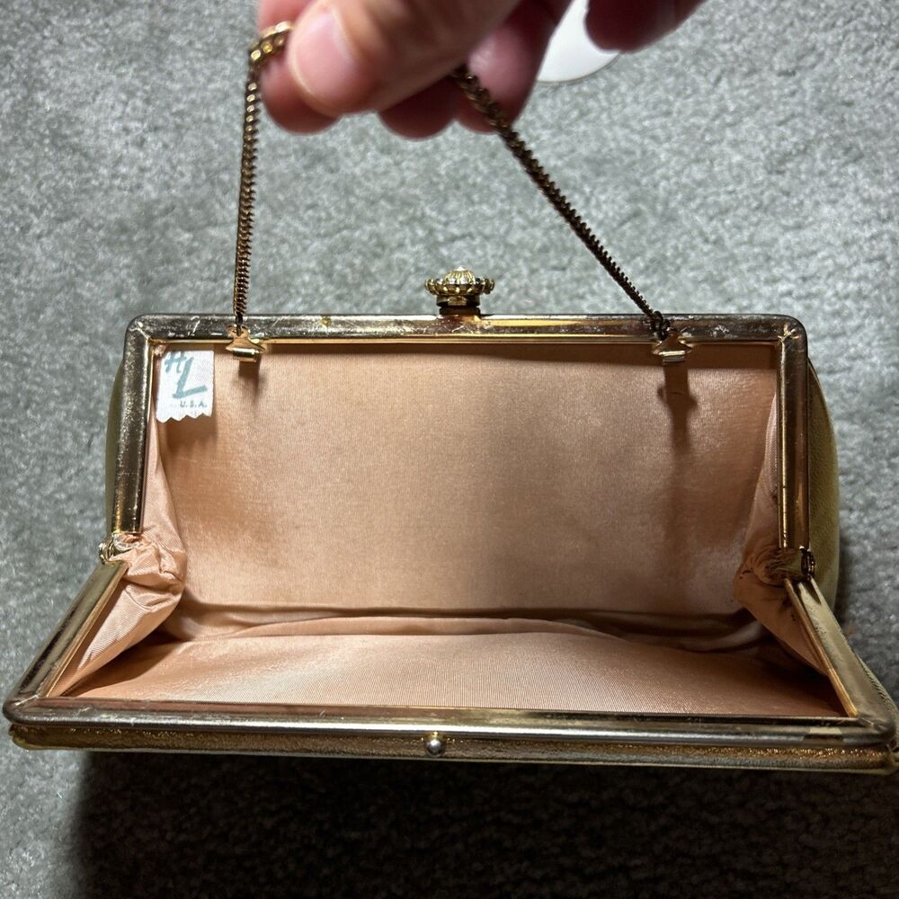 Vintage Gold Metallic Clutch Purse Evening Bag Chain Strap Satin Lined 50’s 60’s - Picture 11 of 16